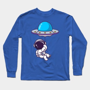 Cute Astronaut Floating With UFO Balloon Cartoon Long Sleeve T-Shirt